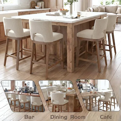 Miniatura 5 de Chairus Juego de 2 taburetes de bar de 26" sin brazos, acolchados con respaldo de madera y patas, taburetes tapizados en tela de lino para encimera
