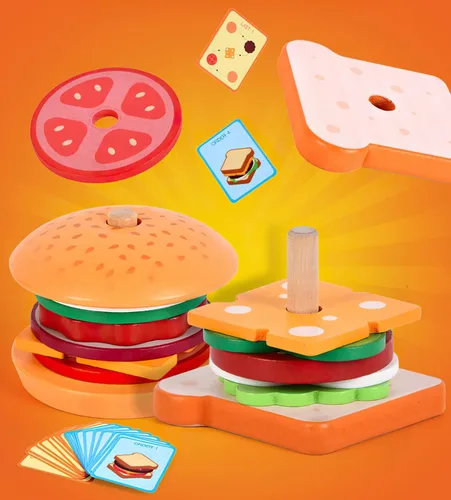 Miniatura 7 de Juguetes de hamburguesas de madera para apilar para niños, alimentos de juego Montessori para niños pequeños, juguetes educativos para niños de más