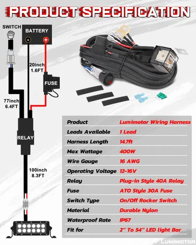Miniatura 2 de Arnés de cableado de 1 conductor, barra de luz LED, kit de arnés de cableado con interruptor de roca para luces antiniebla LED, barra de luz LED