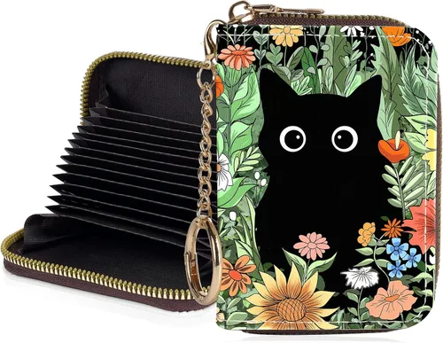 Miniatura 28 de Tarjetero de crédito para mujer, pequeña cartera RFID con cierre de llavero, bonita cartera de piel sintética, Huellas de patas en blanco y negro