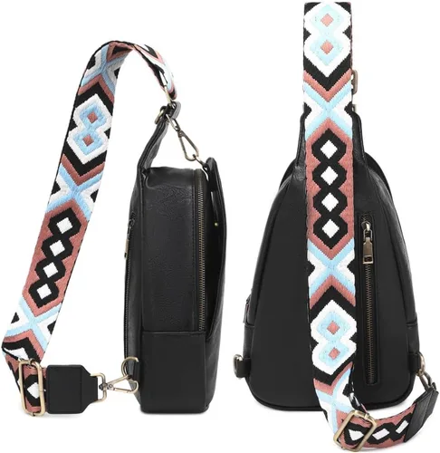 Miniatura 3 de Bolsa de pecho para mujer, bolso bandolera pequeño de piel sintética, mochila de hombro para viajes, senderismo, ciclismo, negro (Black Lg)