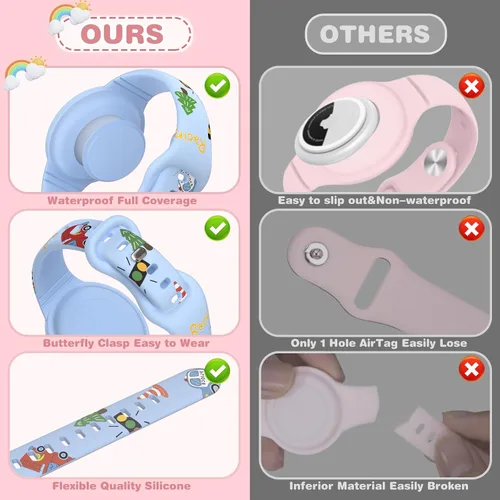 Miniatura 6 de Paquete de 2 pulseras impermeables de AirTag para niños, lindo soporte de AirTag de dibujos animados para niños, silicona suave, cobertura completa