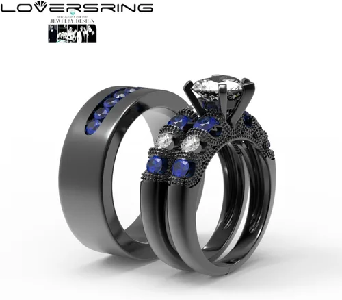 Miniatura 57 de Conjunto de dos anillos de boda para él y para ella, anillos para parejas. Anillos de compromiso para novia en acero inoxidable chapado en oro Blanco