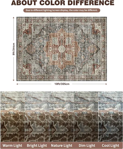 Miniatura 2 de Roxstand Alfombras de 2,44 x 3,05 m para sala de estar, alfombra vintage lavable con respaldo antideslizante, alfombra grande resistente a manchas