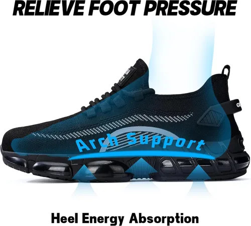 Miniatura 4 de BAIYIJIA Zapatos de punta de acero para hombre, zapatos de trabajo antideslizantes para construcción con amortiguación de aire, zapatos