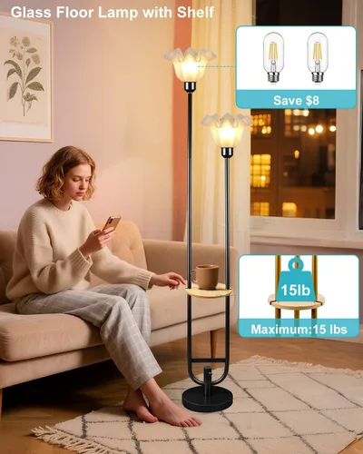 Miniatura 6 de Lámparas de Pie Regulables de Flores con Mesa, Lámpara de Pie Floral de 2 Luces, 3000K Blanco Cálido Estilo Candelabro Lámpara de Pie Moderna