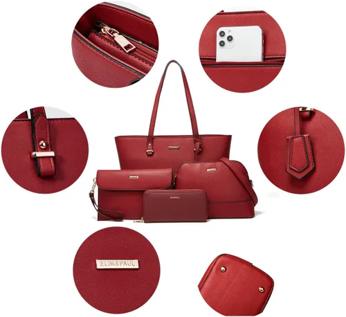 Miniatura 21 de Juego de 4 bolsas modernos para mujer de cuero sintético: bolso tote, bolso de hombro, bolso de mano y cartera.