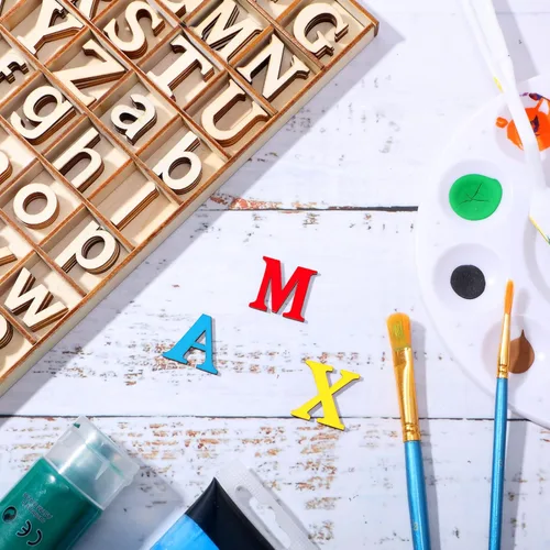 Miniatura 3 de Blulu 248 letras del alfabeto de madera de 1 pulgada, números de letras de madera sin terminar, números para manualidades con bandeja de Color madera