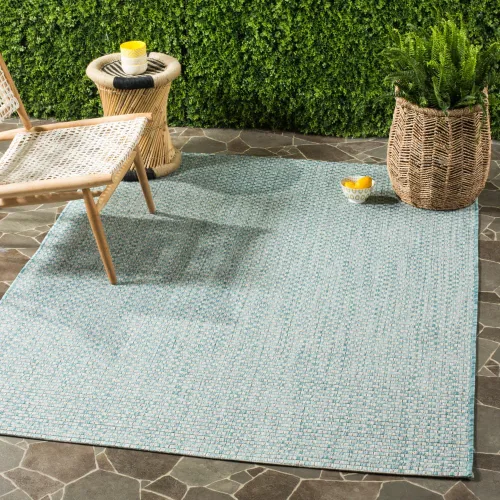 SAFAVIEH Alfombra lavable al aire libre Courtyard Collection - 6'7" x 9'6", azul claro y gris claro, no desprende pelusa y fácil limpieza, ideal