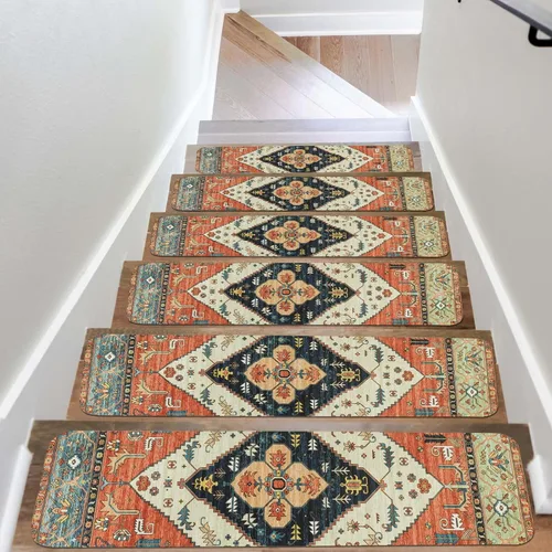 Miniatura 18 de OJIA Peldaños de escalera antideslizantes para escalones de madera en interiores, 15 piezas de 8"x30" alfombras con respaldo de goma para peldaños