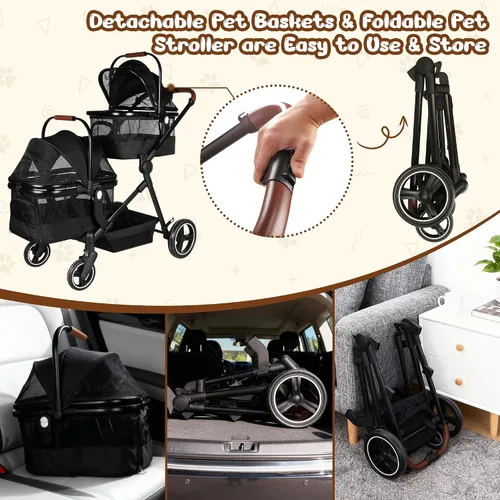 Miniatura 7 de Carriola doble plegable para mascotas para 2 gatos y perros pequeños y medianos, carriola integrada ligera para mascotas, individual y doble