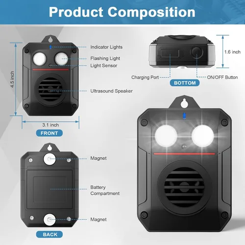Miniatura 6 de Repelente ultrasónico de roedores con luz estroboscópica y onda ultrasónica, disuasorio eficaz para ratones para vehículos, automóviles, sótanos