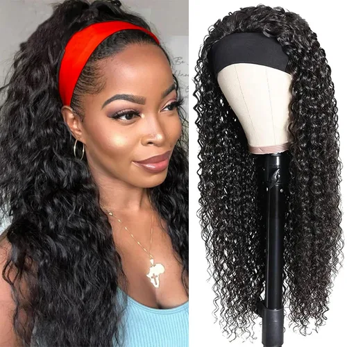 Miniatura 29 de Peluca de cabello humano con diadema de ondas profundas, sin pegamento, pelucas de cabello rizado sin encaje frontal, pelucas de cabello humano