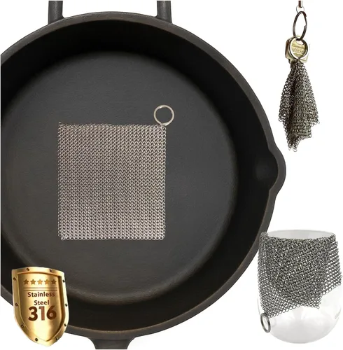 Limpiador de malla de hierro fundido con anillos finos soldados para vasos, limpiador de hierro fundido de sartén (4 x 4 pulgadas)