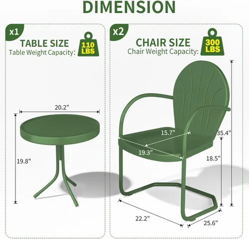 Miniatura 2 de Patio Bistro - Juego de asientos de metal retro para exteriores, juego de conversación de 3 piezas, 2 sillones de movimiento con resorte en C y mesa