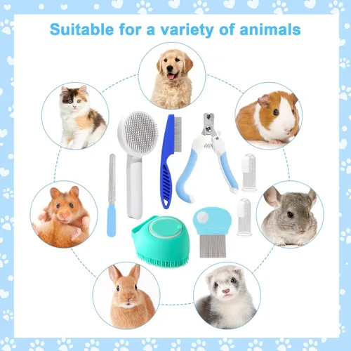 Miniatura 6 de VCZONE Kit de aseo de 8 piezas de cepillos para gatos, kit de autolimpieza para mascotas con cortaúñas y lima para mascotas, peine de pulgas, Azul