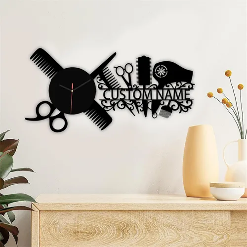Reloj de pared con nombre personalizado para dormitorio, sala de estar, cocina, barbería, peluquería, peluquería, herramienta de peluquería, Reloj