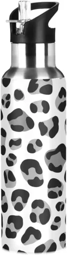 Leopard Print Black Grey White Insulated Stainless Steel Water Bottle with Straw 20 Oz Leakproof Water Bottles, BPA-Free Sport Water Bottle