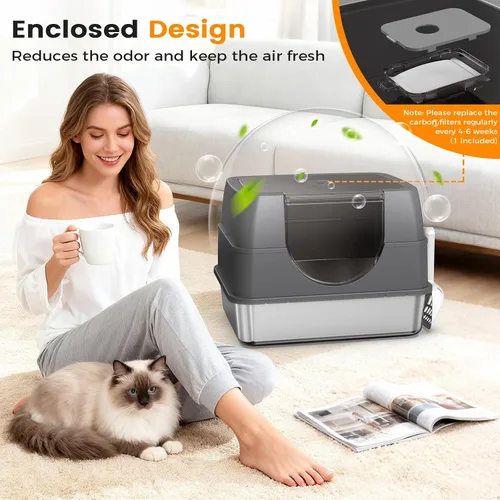 Miniatura 7 de Caja de arena de acero inoxidable con tapa, caja de arena grande cerrada para gatos y gatos múltiples, tapa abatible fácil de limpiar, bandeja