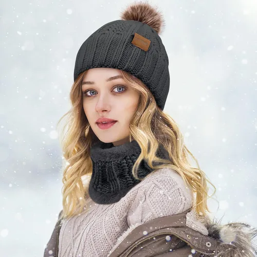 Miniatura 5 de Conjunto de gorro y bufanda de invierno para mujer, 3 piezas, grueso y cálido, gorro de calavera, guantes para pantalla táctil