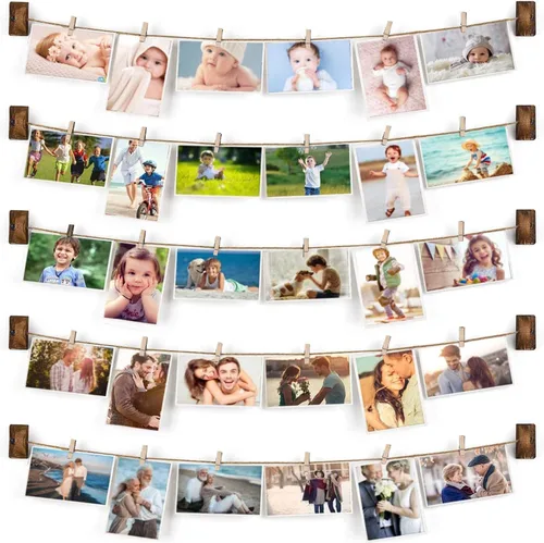 Emfogo Decoración de pared para fotos, exhibición de fotos colgante de madera, decoración de 5 cuerdas con 30 clips, cordeles ajustables para