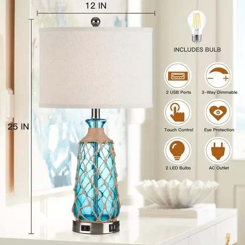 Miniatura 4 de Ruzectt Lámparas de mesa de cristal costero, lámparas de noche regulables de 3 vías con control táctil con 2 puertos USB y salida de CA, lámparas