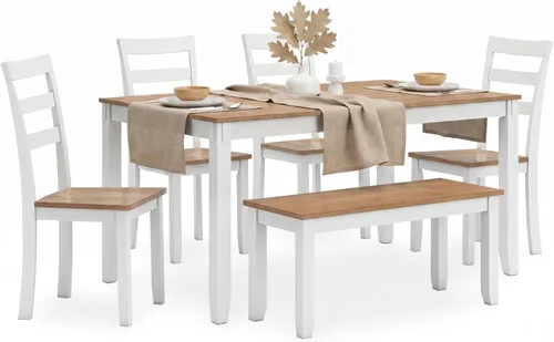 Signature Design by Ashley Gesthaven - Juego de mesa de comedor moderno e informal con 4 sillas y banco, juego de 6, madera de mango, altura de mesa