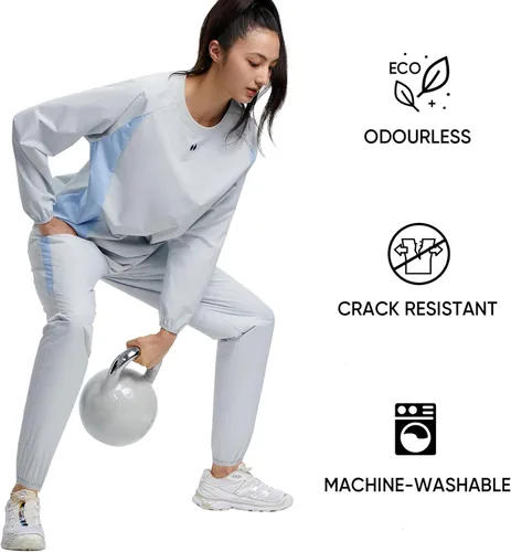 Miniatura 4 de HOTSUIT Traje de sauna para mujer, duradero, gimnasio, entrenamiento, sauna, chaqueta, pantalones, trajes de sudor Chaqueta y pantalón blanco