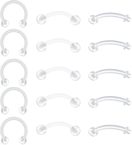 Miniatura 11 de FECTAS Aretes de plástico flexible transparente de 16G y 14G, anillos para cejas, barras curvadas, retenedores para piercing de vientre, 15