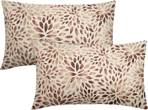 Miniatura 16 de Juego de 2 fundas de almohada de dalia rojo burdeos de 16 x 16 pulgadas, fundas de almohada geométricas rústicas de flores de algodón y lino