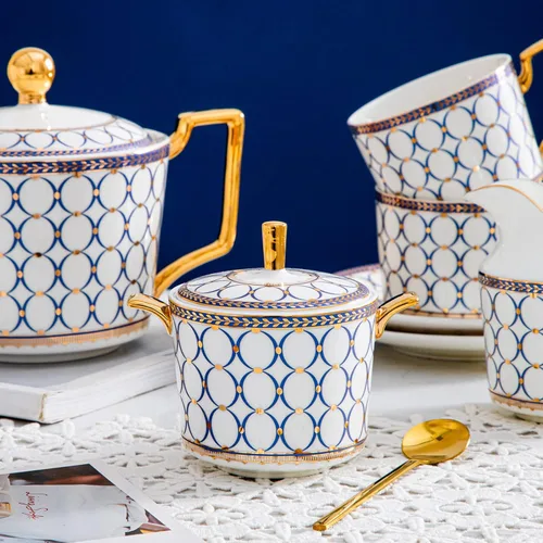 Miniatura 2 de Juego de 15 piezas de servicio de té de porcelana para 4, juegos de té y café de porcelana de hueso, juego de tazas de té con tetera, azucarera