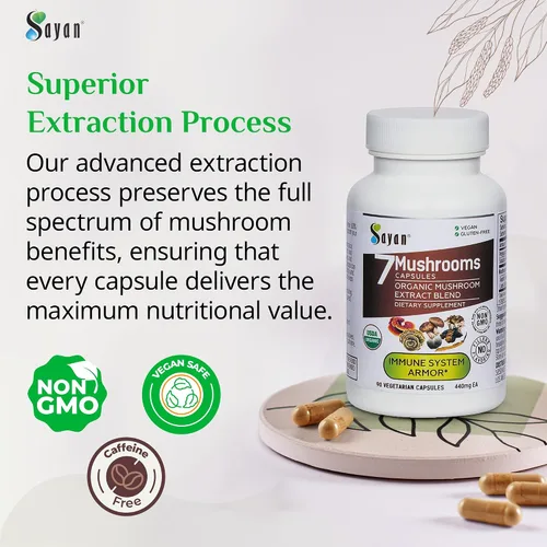 Miniatura 3 de Sayan 7 Extracto de hongos 90 cápsulas/440 mg ea – Apoyo inmunológico y energía – Chaga orgánico, Reishi, melena de león, maitake, shiitake, mezcla