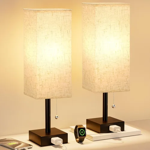 Miniatura 21 de Fenmzee Juego de 2 lámparas de noche para dormitorio, pequeña lámpara rectangular para mesita de noche con puerto de carga USB A C, luz