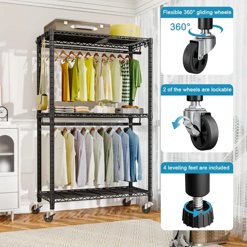 Miniatura 4 de FUTASSI P3 Perchero Enrollable, Estantes para Colgar Ropa, Perchero Resistente con Ruedas, Organizador de Clóset Portátil Independiente de 39.4