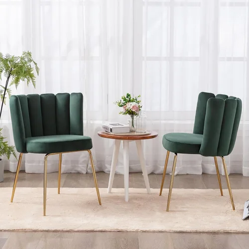 Miniatura 3 de Juego de 2 sillas de comedor de terciopelo, sillas decorativas modernas con respaldo de pétalos y patas de metal dorado, cómodas sillas laterales