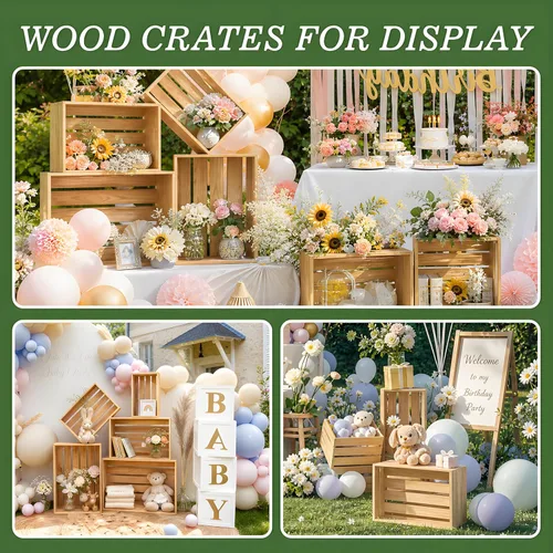 Miniatura 4 de 5 piezas de cajas de madera decorativas para exhibición, 5 tamaños grandes de cesta de madera estilo granja para contenedor de almacenamiento