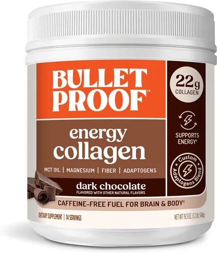 Bulletproof Dark Chocolate Energy - Proteína de colágeno, 19.3 onzas, combustible sin cafeína con vitaminas y antioxidantes, mezcla con ginseng,