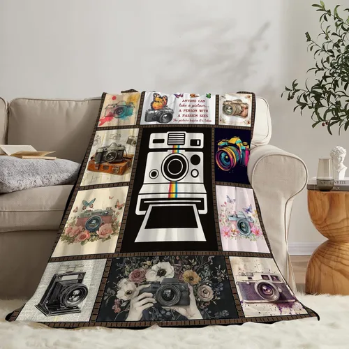 Manta retro de forro polar para cámara, manta de fotografía para niñas y niños, manta vintage de franela súper suave y cálida, regalos para hombres