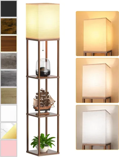Lámpara de pie con estantes para sala de estar color marrón nogal, lámpara de pie con estante con bombilla LED de 3 CCT, lámpara de columna de pie