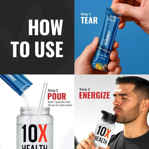 Miniatura 4 de 10X Health Energy Wave Crusher - Paquetes de bebidas energéticas con 200 mg de cafeína, BCAA y vitaminas B, paquetes de mezcla de bebidas