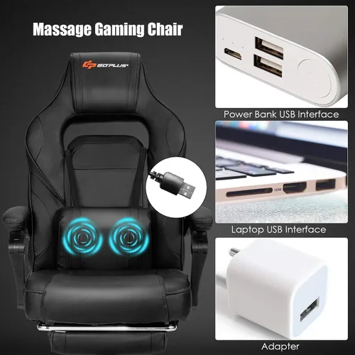Miniatura 6 de Goplus Silla de masaje para juegos, respaldo reclinable, ajuste de altura del asiento, silla de oficina para computadora de carreras con reposapiés