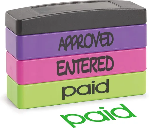 Miniatura 3 de Stakz - Sello de mensaje preentintado – Aprobado, ingresado, pagado – tinta púrpura, rosa, verde – Tamaño de impresión: 5/8 "x 1-13/16