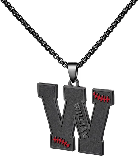 Miniatura 40 de Ldurian Collar personalizado con nombre de béisbol, cadena negra de acero inoxidable, collar con nombre deportivo, letra A-Z de 24 pulgadas, regalos