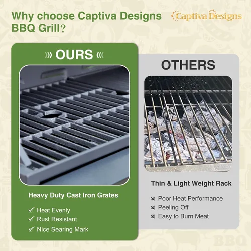 Miniatura 2 de Captiva Designs Parrilla de barbacoa de gas propano de 4 quemadores con quemador lateral y rejillas de hierro fundido esmaltado de porcelana, salida