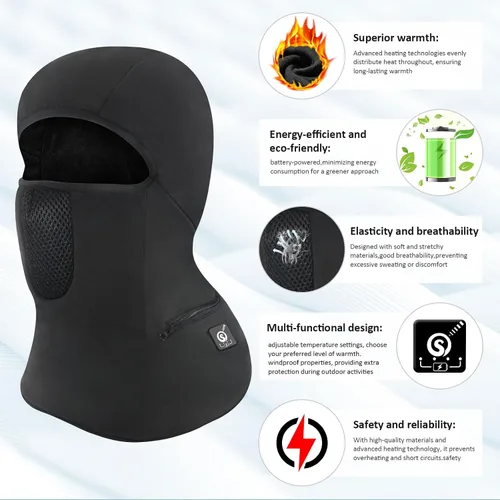 Miniatura 3 de Pasamontañas de esquí con calefacción para hombres y mujeres, máscara facial eléctrica con calefacción, invierno al aire libre, negro, resistente al