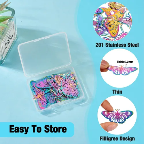 Miniatura 72 de FASHEWELRY 16 dijes de plumas de arco iris de acero inoxidable con alas de filigrana, adornos de metal de 4 colores para hacer joyas, pulseras