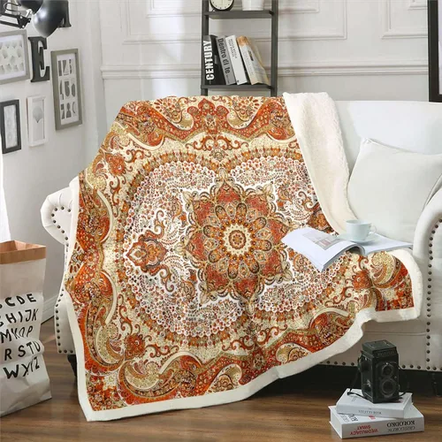 Manta floral oriental para sofá, manta de vellón de flores vintage para adolescentes y adultos, manta sherpa de medallón art déco, manta de sherpa