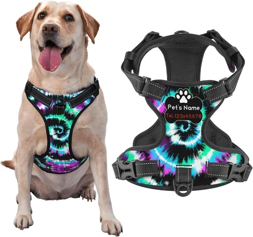 Miniatura 23 de Arnés personalizado para perro sin tirones, chaleco personalizado con bandera estadounidense vintage con número de teléfono y nombre de mascota