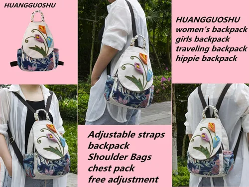 Miniatura 132 de HUANGGUOSHU Mochila de algodón tejida de algodón bohemio con bordado de lona estilo bohemio con múltiples bolsillos retro linda mochila cartera