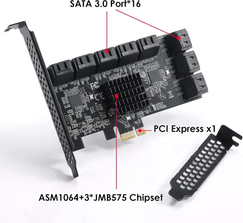 Miniatura 2 de PCle Tarjeta de expansión de controlador SATA III de 16 puertos, 6Gbps X1/X4/X8/X16, soporta 16 dispositivos SATA con cables y soporte de perfil
